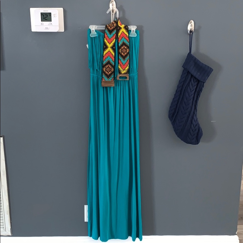 Turquoise maxi dress, beaded belt included.